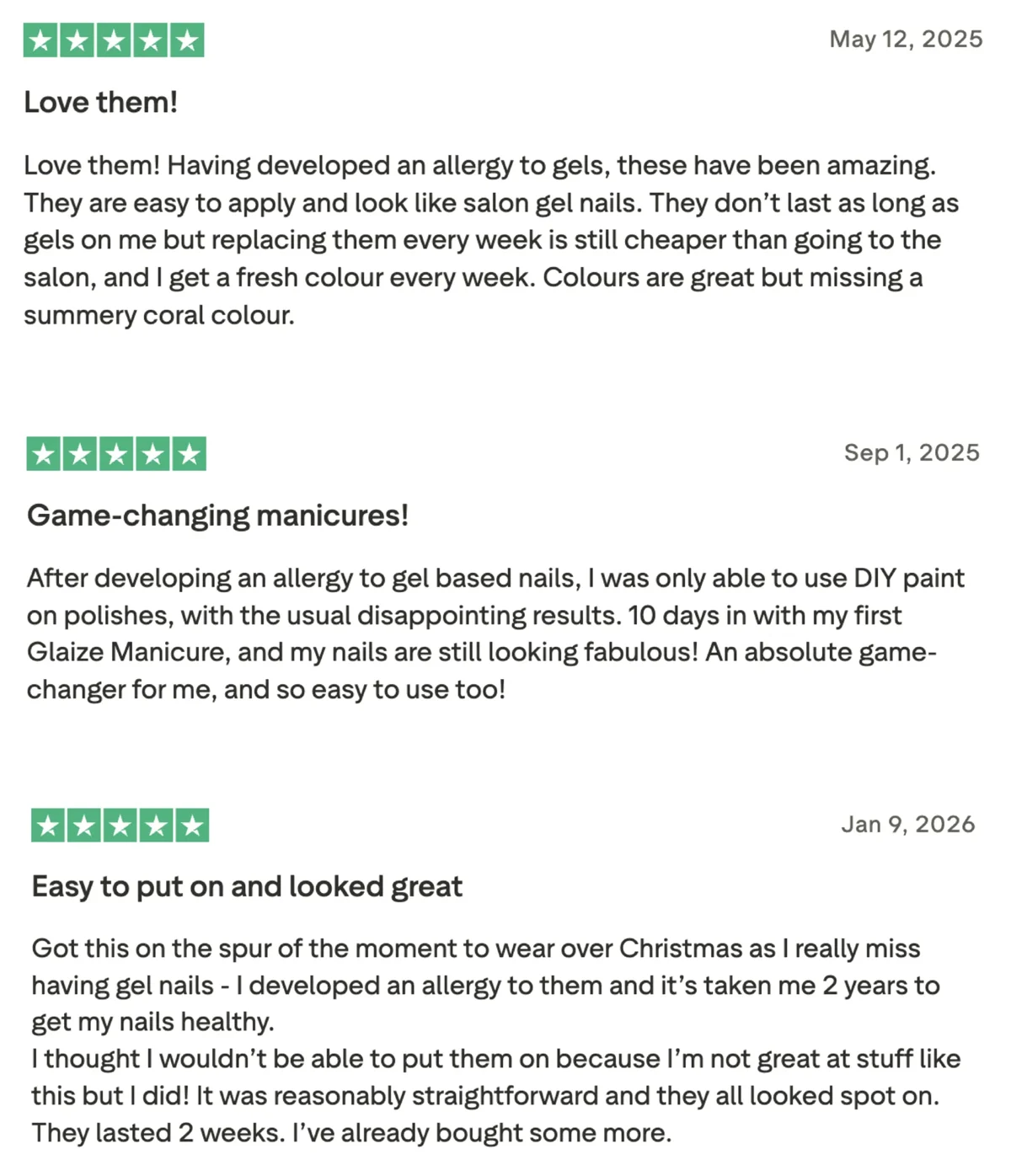 5-star reviews from Glaize customers who are allergic to traditional gel