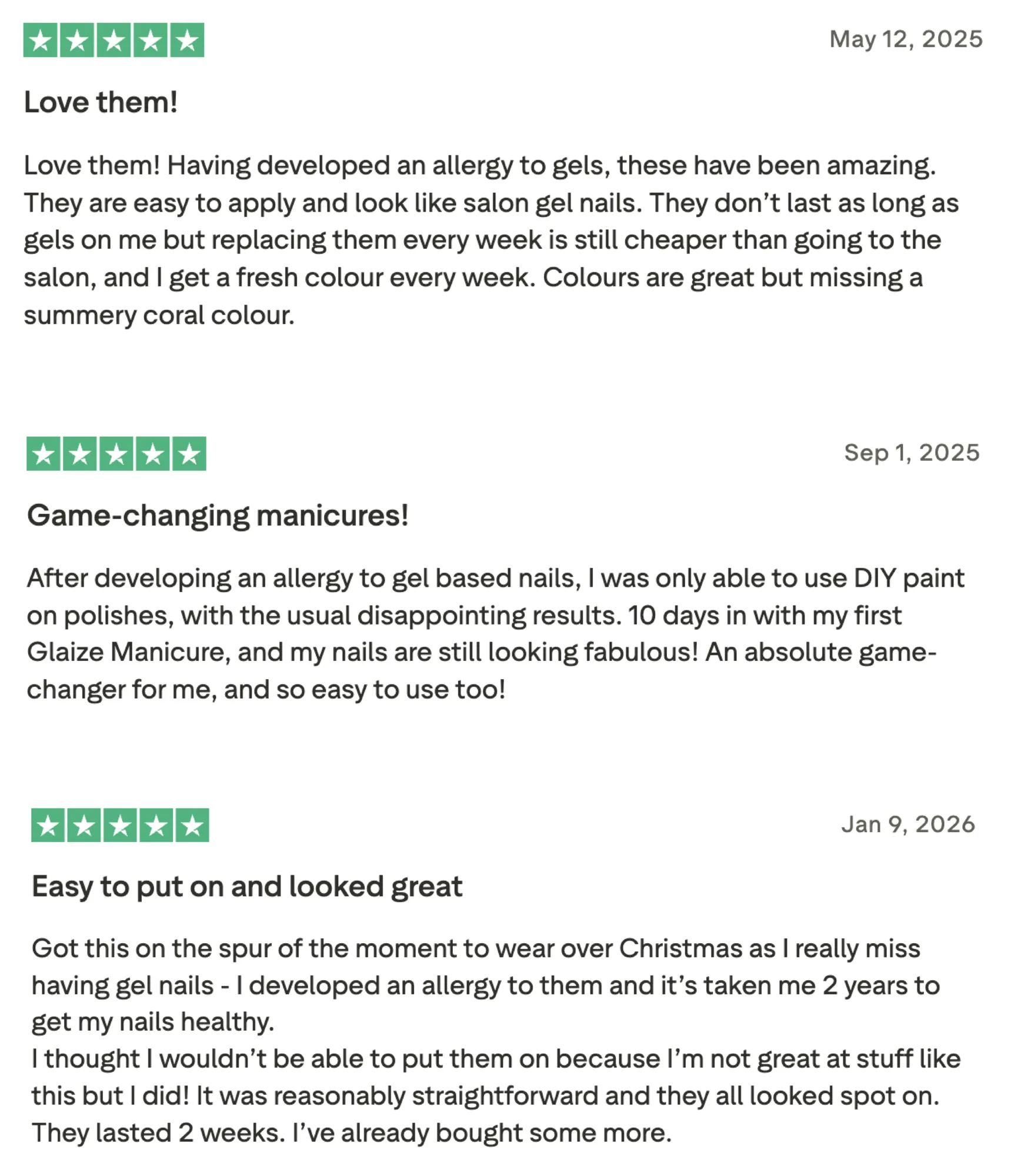 5-star reviews from Glaize customers who are allergic to traditional gel